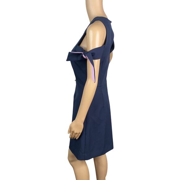 Milly $450 Madison Navy Blue Bow Detail Cold Shoulder A-line Dress SZ 8 - Picture 5 of 12